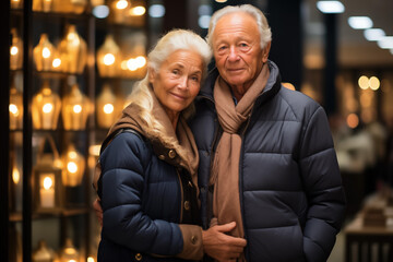 Elderly couple enjoying a cozy holiday shopping experience during Christmas