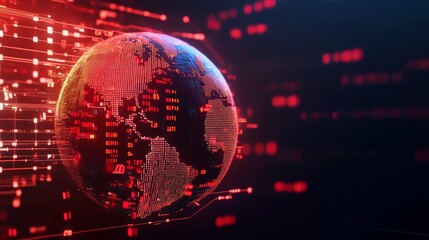 Obraz premium Digital globe with red data streams representing global connectivity.