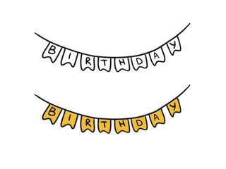 Happy birthday string with yellow flags garland for celebrating birthday party on white. Hand drawn vector sketch illustration in doodle engraved vintage line art style. Coloring book, decoration