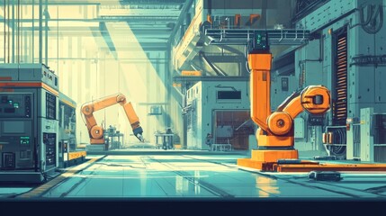 Industrial Robot Arms in a Futuristic Factory