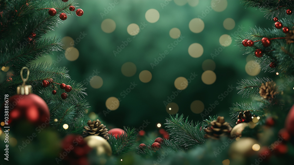 Wall mural christmas decorations on a green bokeh background with space for text reflecting the concept of the 