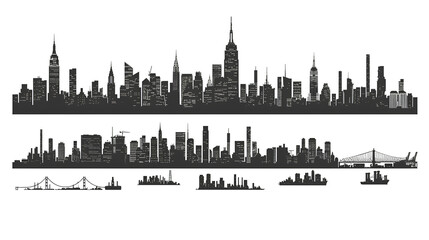 Fototapeta premium Cityscape Skyline Silhouette with Bridge and Ships