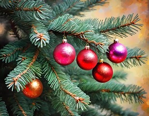 Obraz premium Colorful Christmas decorations adorn the branches of a spruce tree, vibrant balls in shades of red and pink, embodying holiday cheer in winter. Happy New Year art drawing background. Generative AI