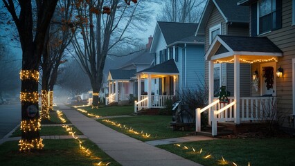 Obraz premium Festive Neighborhood with Holiday Lights on a Misty Evening