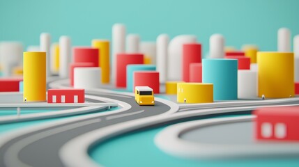 Colorful Abstract Cityscape with Geometric Buildings and a Yellow Bus on a Curved Road