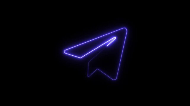 paper plane flying in and out of the frame. Neon glowing Paper airplane is flying. Business success concept.