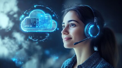 Woman Looking at Cloud Computing Concept