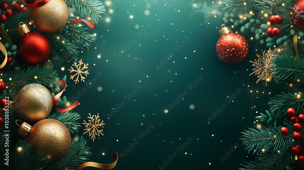 Wall mural christmas tree branch with multi-colored balls. empty space for text. christmas banner mockup with c