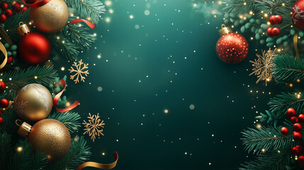 Christmas tree branch with multi-colored balls. Empty space for text. Christmas banner mockup with copy space, winter holidays greeting card template.