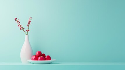 Elegant Dinner Concept with Fresh Red Apples and Minimalist White Vase on Turquoise Background