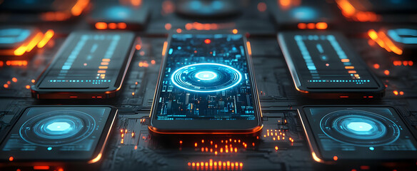 Futuristic Mobile Phone with Blue Hologram Interface.