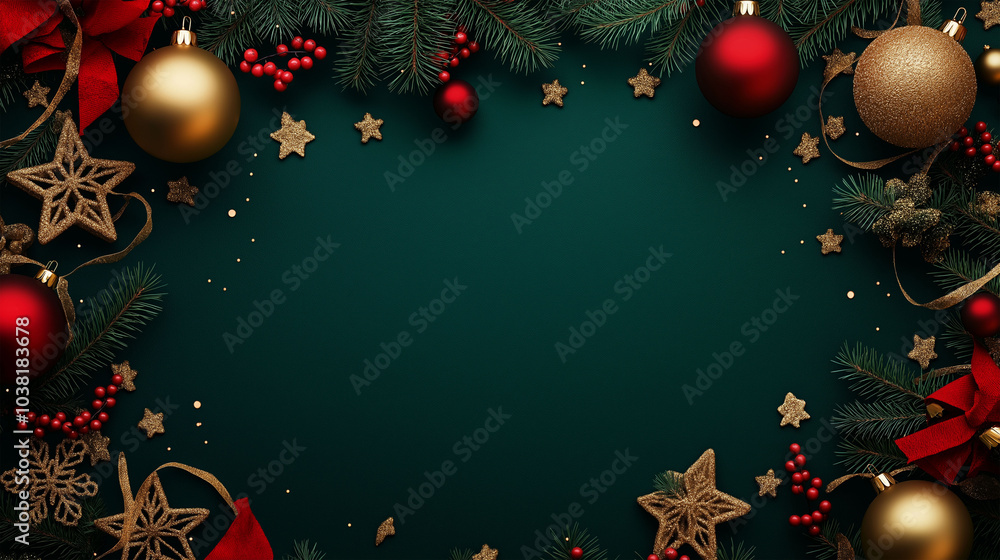 Wall mural christmas tree branch with multi-colored balls. empty space for text. christmas banner mockup with c