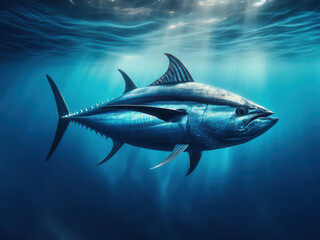 Fototapeta premium Majestic Pacific bluefin tuna swimming through the vast, deep blue ocean