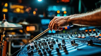 A person hits a snare drum in a recording studio, surrounded by professional audio equipment, with a dynamic and intense atmosphere. --chaos