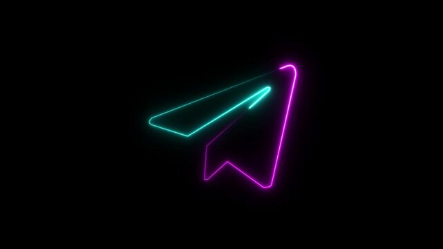paper plane flying in and out of the frame. Neon glowing Paper airplane is flying. Business success concept.