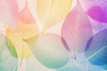 A vibrant arrangement of translucent leaves in pastel colors, creating a soft and artistic background.