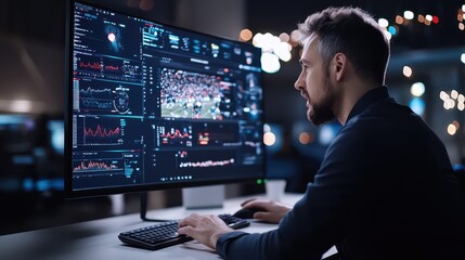 Male Sports Analyst Analyzing Game Footage on Large Screen in Modern Sports Media Office Environment