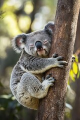 Obraz premium Sleepy Koala Clinging to Eucalyptus Tree in Nature