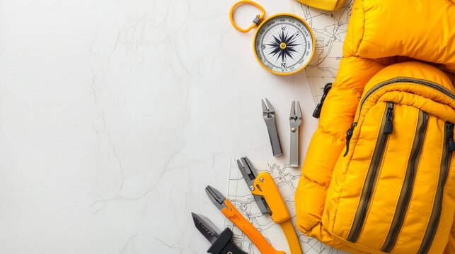 Essential Adventure Equipment for Camping and Climbing - Backpack, Compass, Multi-tools, and Gear on Map