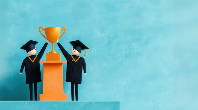 Cartoon Graduates Holding Golden Trophy, Symbolizing Academic Achievement, Success, and Teamwork, Ideal for Educational or Graduation Celebrations
