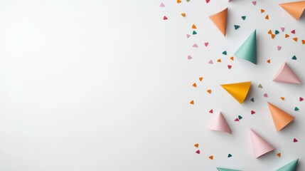 Colorful Party Decorations with Confetti and Paper Cones on White Background - Festive Celebration Concept