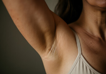 Woman demonstrating underarm area while wearing a sleeveless top in a well-lit setting during the day