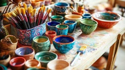 A colorful pottery painting station, Unfinished ceramics, paints