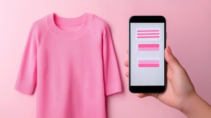 Customer Journey Concept with Mobile App and Pink Sweater on Pink Background