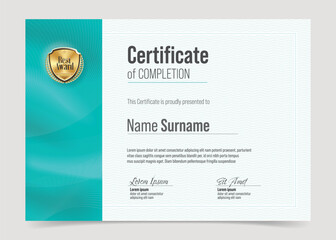 Certificate Training Template. Modern Elegant Clean Business Diploma with Luxurious Gold Award Badge. 