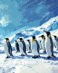 Obraz premium Group of Penguins on Icy Terrain in Arctic Landscape