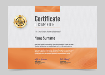Certificate Training Template. Modern Elegant Clean Business Diploma with Luxurious Gold Award Badge. 