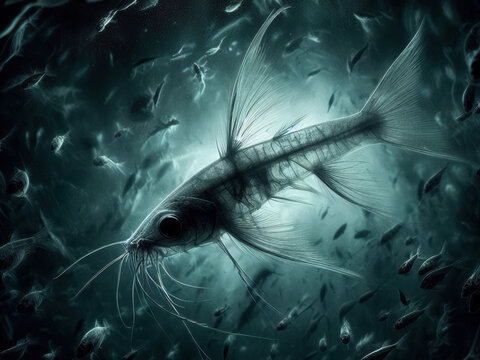 Menacing underwater scene featuring the candiru, a tiny fish with a nearly transparent body, swimming stealthily through murky waters in the Amazon