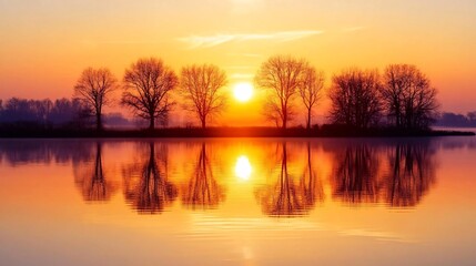 Obraz premium tranquil nature scene of a sunset reflecting on water with silhouettes of trees and calm evening sky