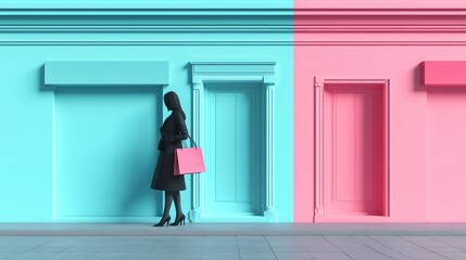 Fototapeta premium Modern Customer Journey Concept with Woman Shopping Against Colorful Background