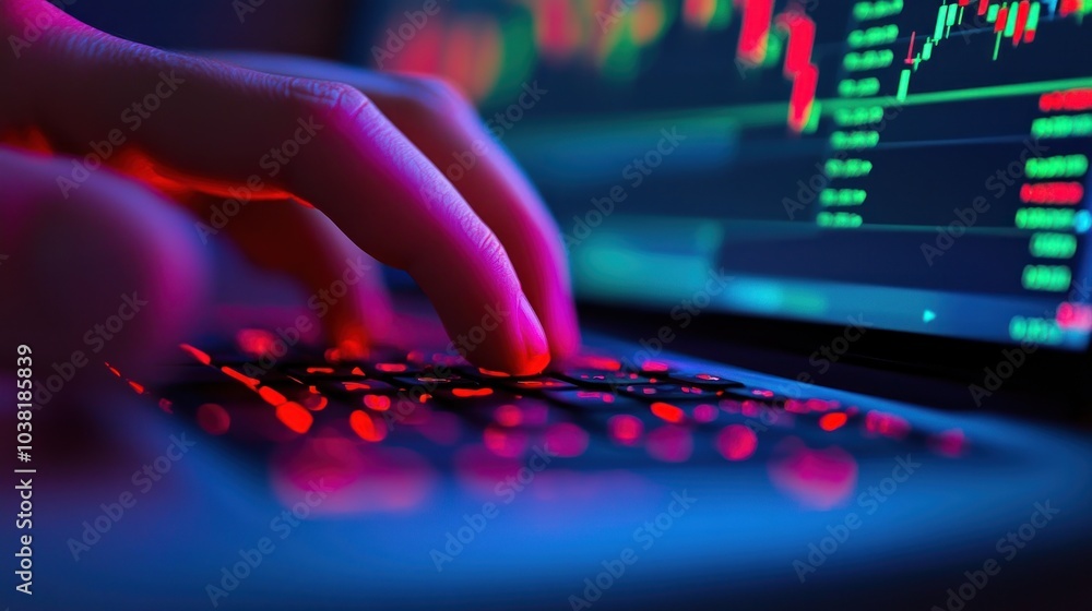 Poster close-up of hands typing on a laptop keyboard with a financial chart displayed on the screen