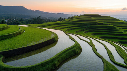 A scenic view of lush green rice terraces on an island, surrounded by hills and trees, under a cloudy sky with a rural road winding through the countryside