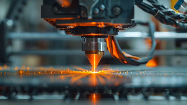 Close up of 3D printer nozzle extruding molten material, showcasing intricate process of additive manufacturing. vibrant glow highlights precision and technology involved in modern printing