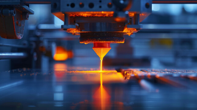 Close up of 3D printer extruding molten material, showcasing intricate process of additive manufacturing. glowing filament highlights technologys precision and innovation
