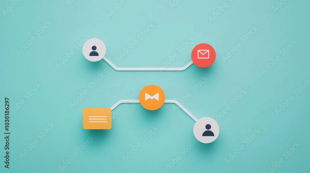 Poster customer journey concept with icons representing user interaction and communication on a light blue 