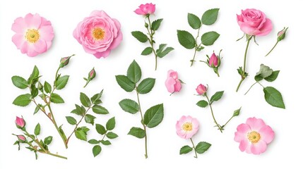 Collection of pink wild rose flowers, buds, and leaves, isolated on white, flat lay