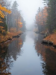 Obraz premium Foggy Forest River Flowing Through Autumn Colors