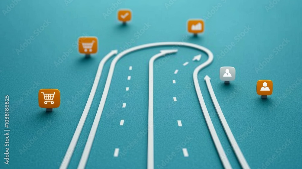 Aufkleber customer journey concept with icons representing different stages of shopping and user experience on