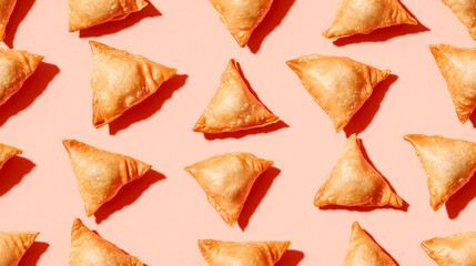 Naklejka premium A pattern of crispy, golden brown samosas arranged on a pink background.