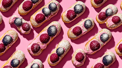 A pattern of long eclairs topped with raspberries and blueberries and dusted with powdered sugar on a pink background.