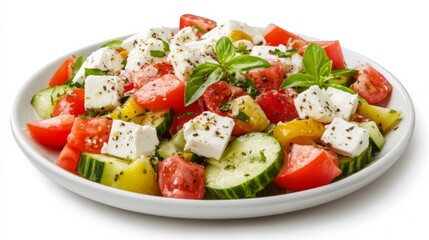 Fresh Salad with Feta and Cucumbers on White Plate