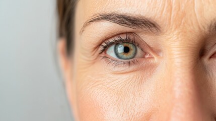 Close-Up of Mature Woman's Eye Highlighting Skin Texture and Wrinkles for Dermatology and Skincare Concepts
