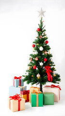 Christmas tree and gift wrapping on white background. Generative AI