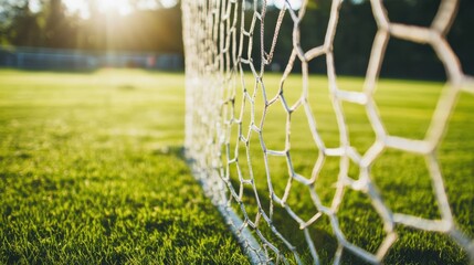 A soccer field's goal net with a focus on the netting and grass, outdoor setting with mid-morning sun, Fresh style