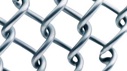 Close-up of shiny metal chain link fence showcasing intricate details and strong structure, perfect for security concepts and design on transparent background.