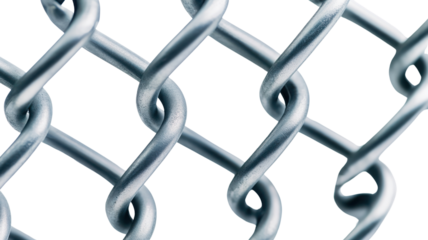 Close-up of shiny metal chain link fence showcasing intricate details and strong structure, perfect for security concepts and design on transparent background.